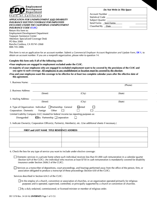 Fillable Form De 1378 - Application For Unemployment And Disability Insurance Elective Coverage For Employees Excluded Under The California Unemployment Insurance Code (Cuic) Printable pdf