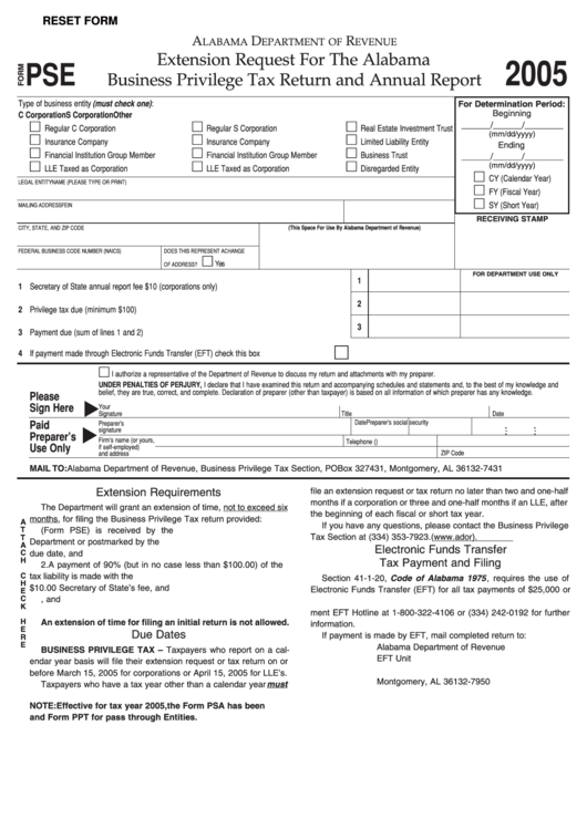 Form Pse - Extension Request For The Alabama Business Privilege Tax Return And Annual Report - 2005