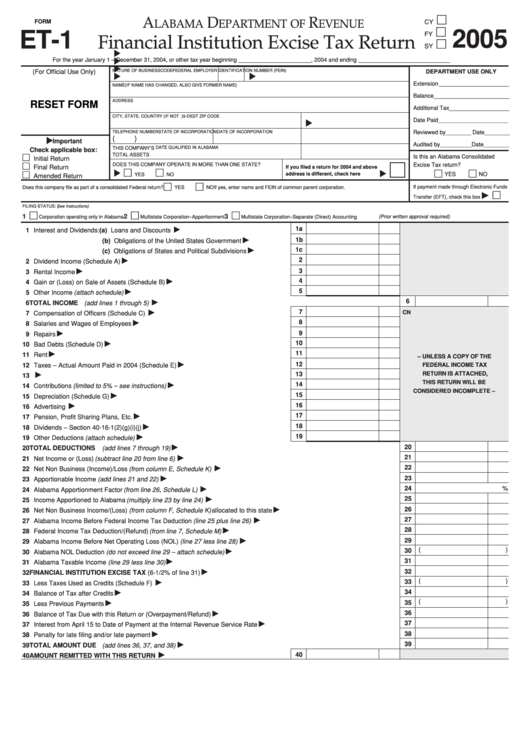 Fillable Form Et-1 - Financial Institution Excise Tax Return - Alabama Department Of Revenue - 2005 Printable pdf