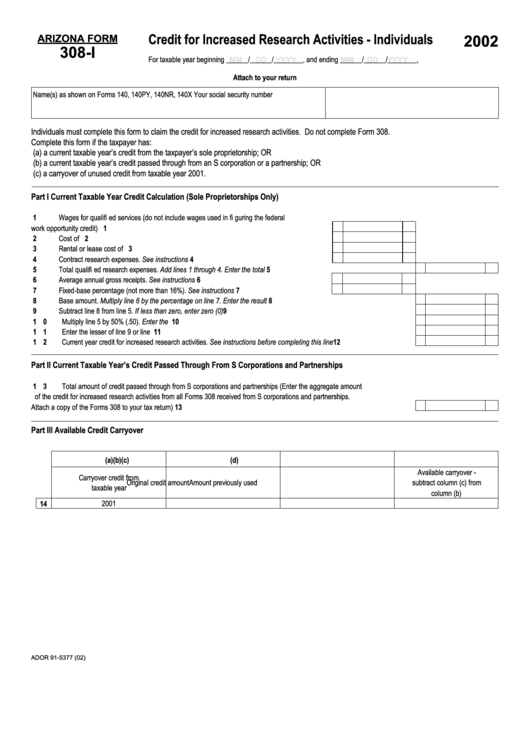Arizona Form 308-I - Credit For Increased Research Activities - Individuals - 2002 Printable pdf