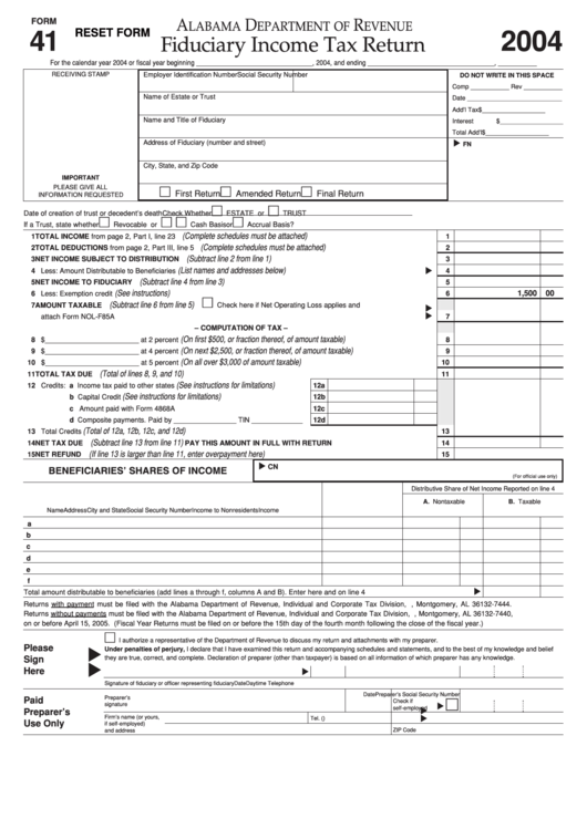 Fillable Form 41 - Fiduciary Income Tax Return - Alabama Department Of Revenue - 2004 Printable pdf