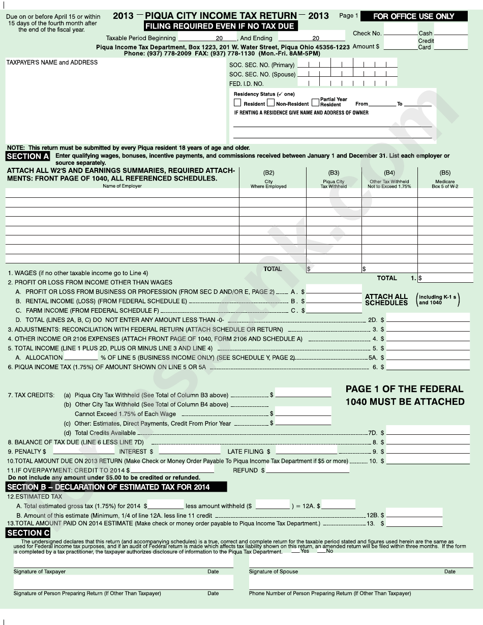 Income Tax Return Form - Piqa City, 2013