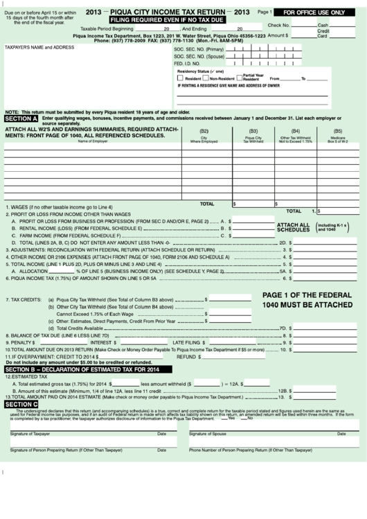 Income Tax Return Form - Piqa City, 2013 Printable pdf