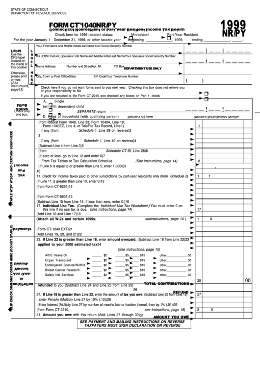Form Ct-1040nr/py - Nonresident Or Part-Year Resident Income Tax Return - 1999 Printable pdf