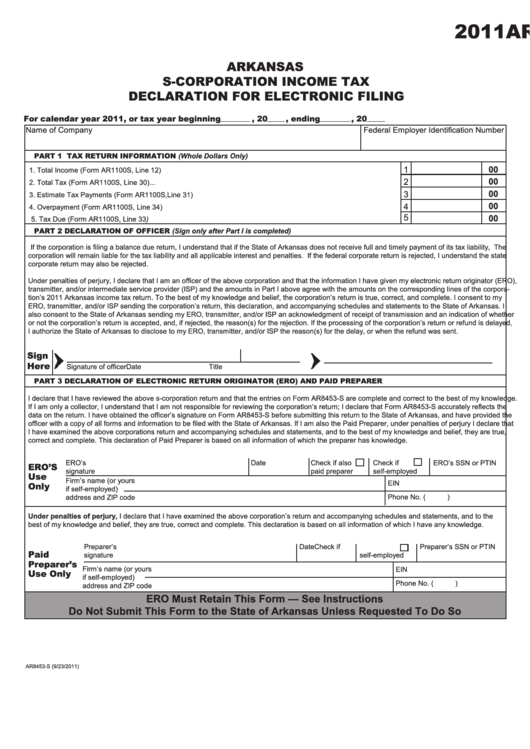 Form Ar8453-S - Arkansas S-Corporation Income Tax Declaration For Electronic Filing - 2011 Printable pdf