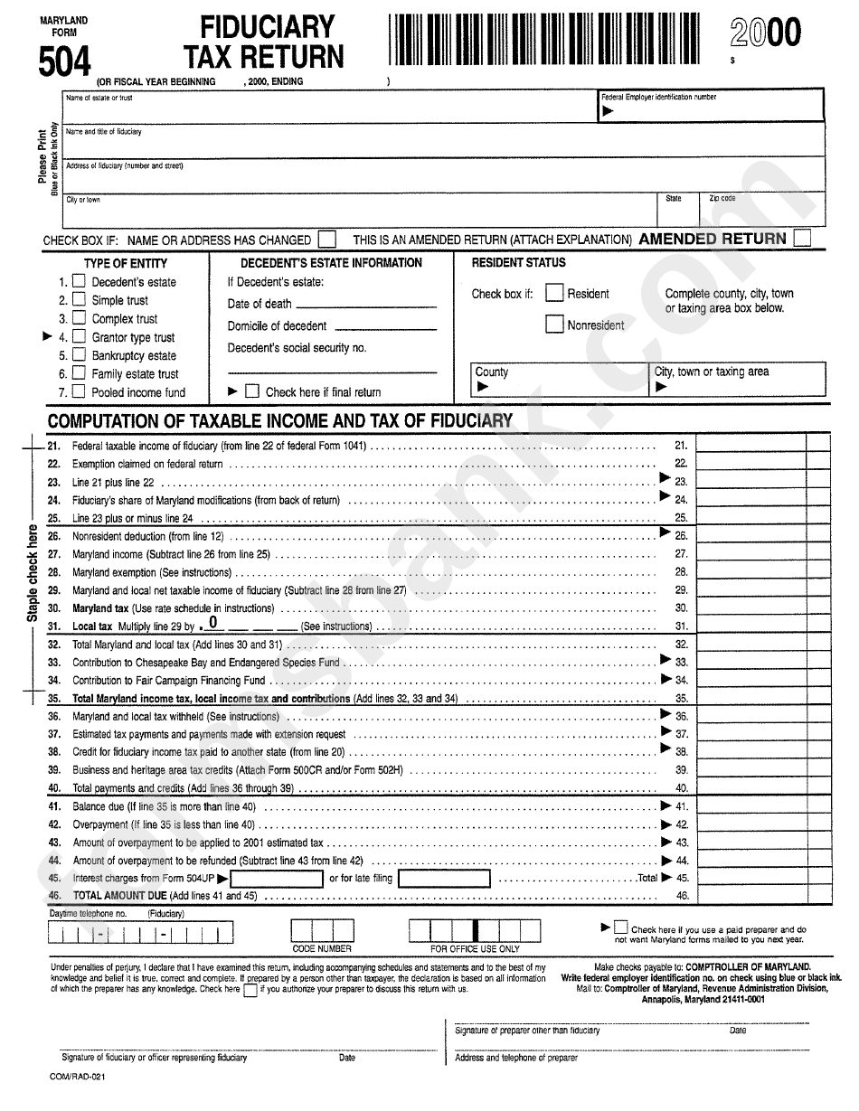 Form 504 - Fiduciary Tax Return - 2000