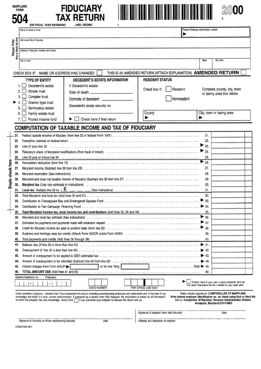 Form 504 - Fiduciary Tax Return - 2000 Printable pdf