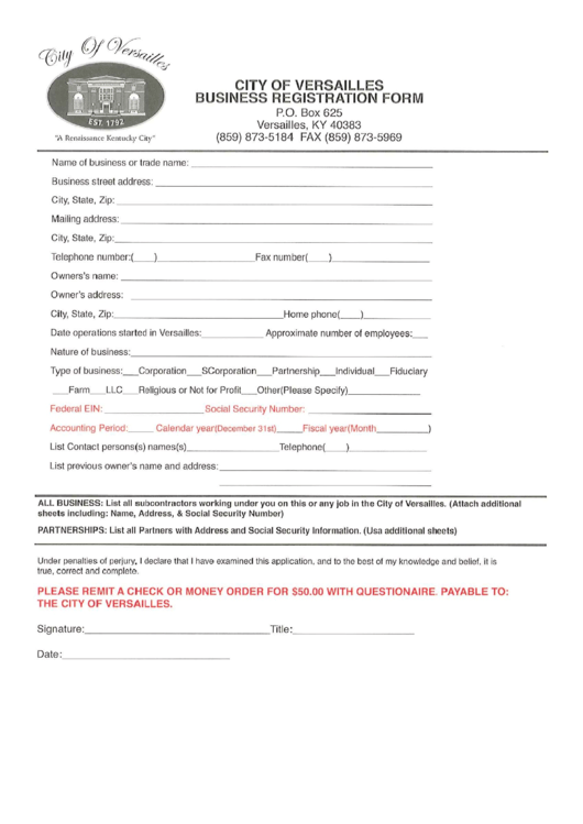 Business Registration Form City Of Versailles printable pdf download