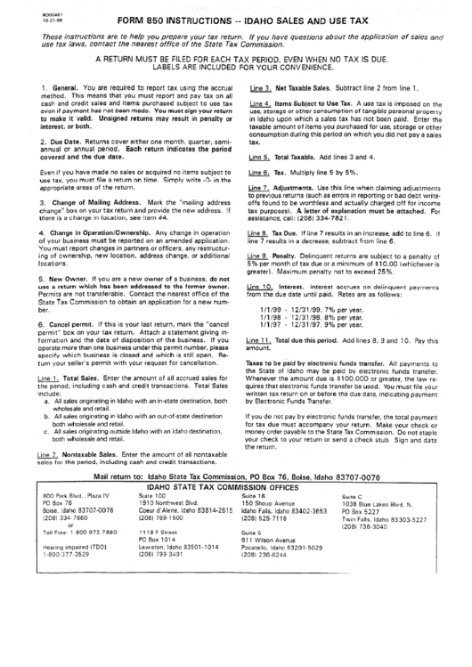 Form 850 Instructions - Idaho Sales And Use Tax Printable pdf