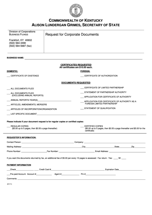 Fillable Request For Corporate Documents - Commonwealth Of Kentucky Printable pdf