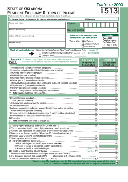 Form 513 - Resident Fiduciary Return Of Income - 2000 Printable pdf