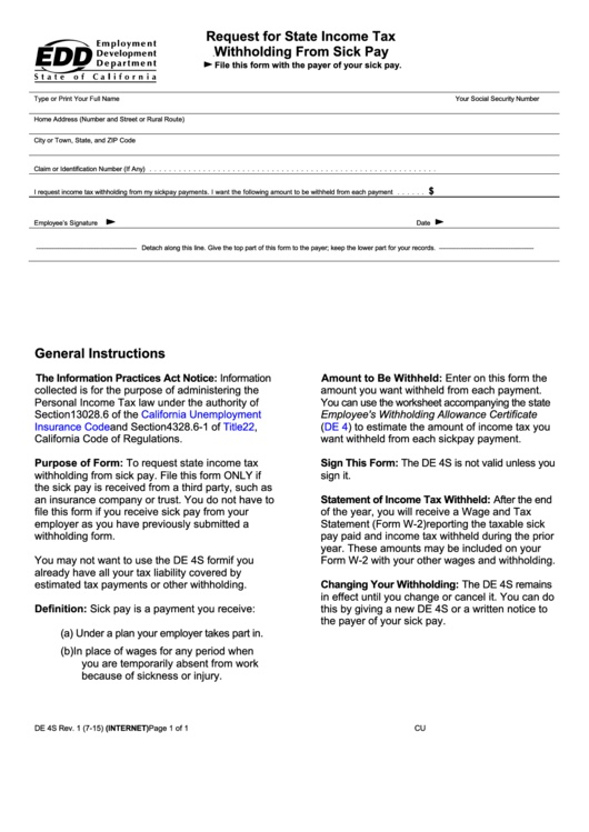 Fillable Form De 4s - Request For State Income Tax Withholding From Sick Pay Printable pdf