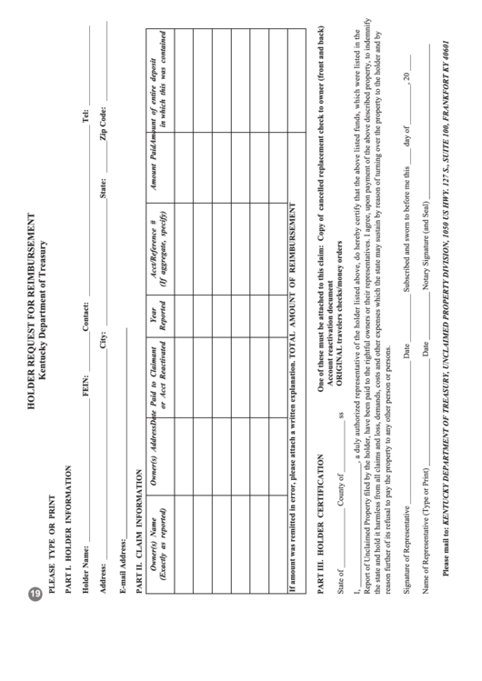 Holder Request For Reimbursement - Kentucky Department Of Treasury Printable pdf