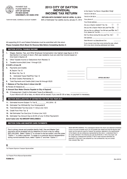 Form R-I - City Of Dayton Individual Income Tax Return - 2013 Printable pdf