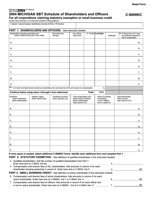 Fillable Form C-8000kc - Michigan Sbt Schedule Of Shareholders And Officers - 2004 Printable pdf