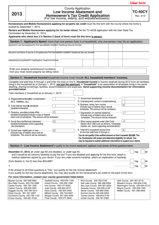 Fillable Form Tc-40cy - Low Income Abatement And Homeowner