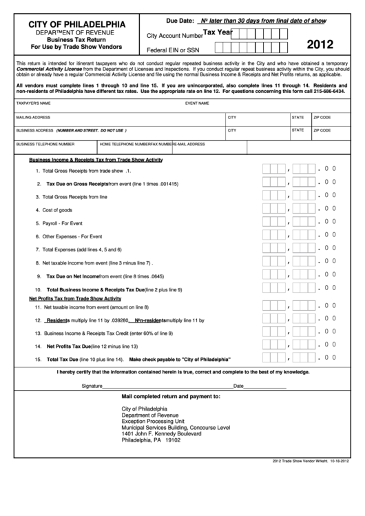 Business Tax Return For Use By Trade Show Vendors Form - City Of Philadelphia Department Of Revenue - 2012 Printable pdf
