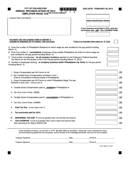 Annual Reconciliation Employer Wage Tax Form - City Of Philadelphia - 2012 Printable pdf