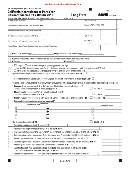 Fillable Form 540nr - California Nonresident Or Part-Year Resident Income Tax Return - 2013 Printable pdf