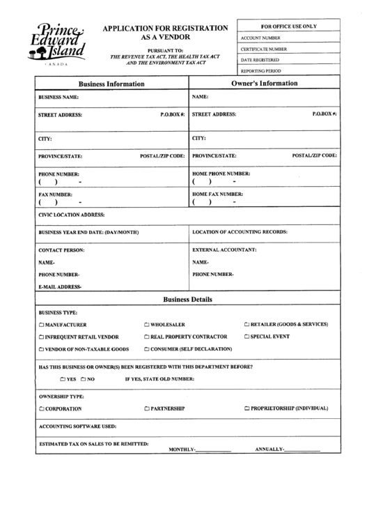 Application For Registration As A Vendor - Prince Edward Island Printable pdf