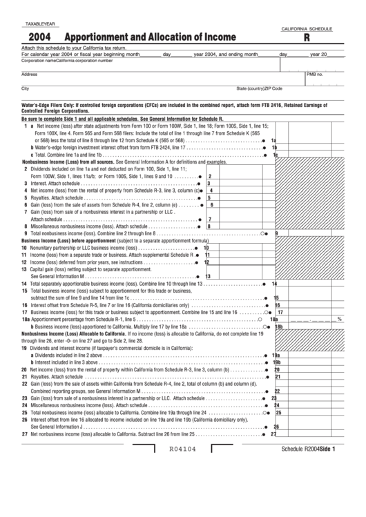 California Schedule R - Apportionment And Allocation Of Income - 2004 Printable pdf