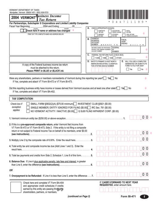 Form Bi-471 - Vermont Business Income Tax Return - 2004 Printable pdf