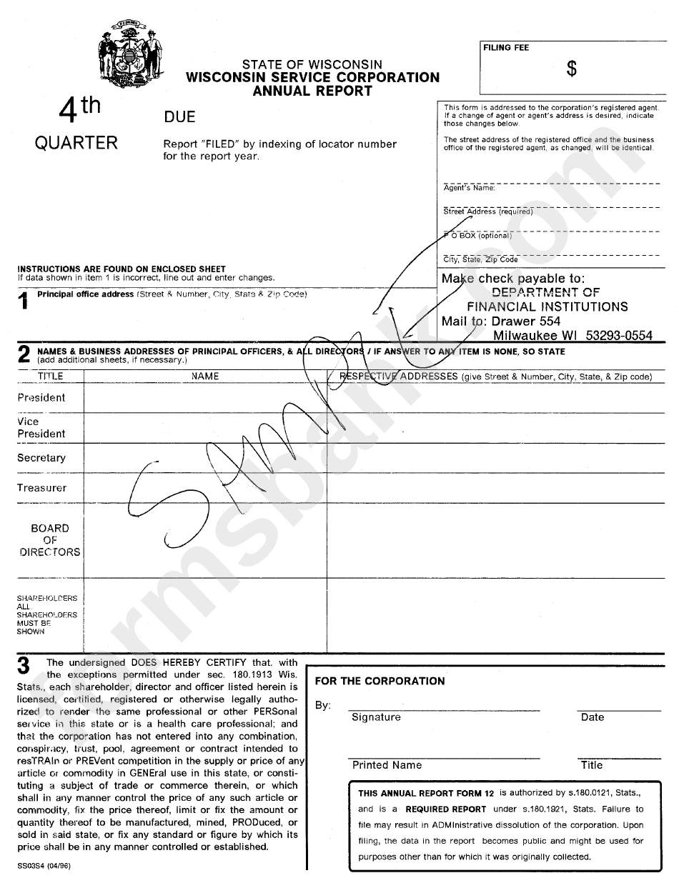 Form Ss03s4 - Wisconsin Service Corporation Annua Report Sample