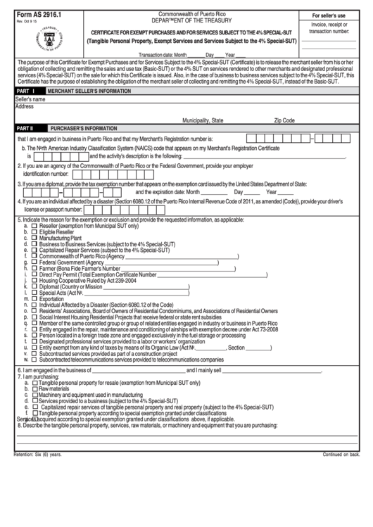 Form As 2916.1 - Certificate For Exempt Purchases And For Services Subject To The 4% Special-Sut Printable pdf