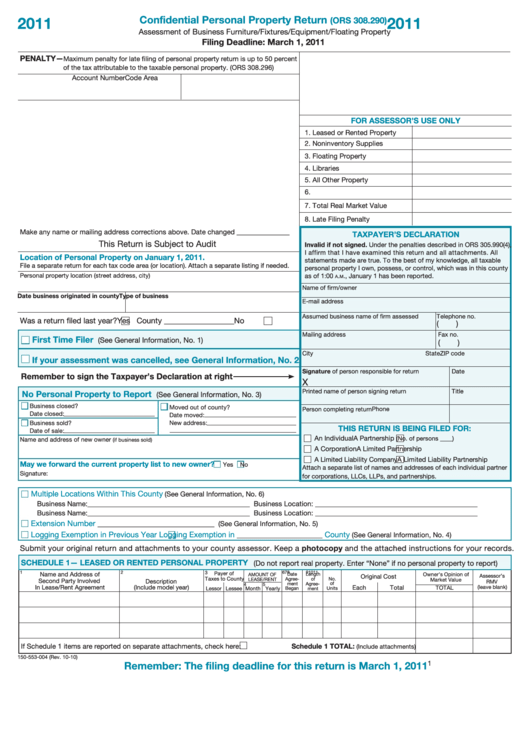 Fillable Form 150-553-004 - Confidential Personal Property Return - 2011 Printable pdf
