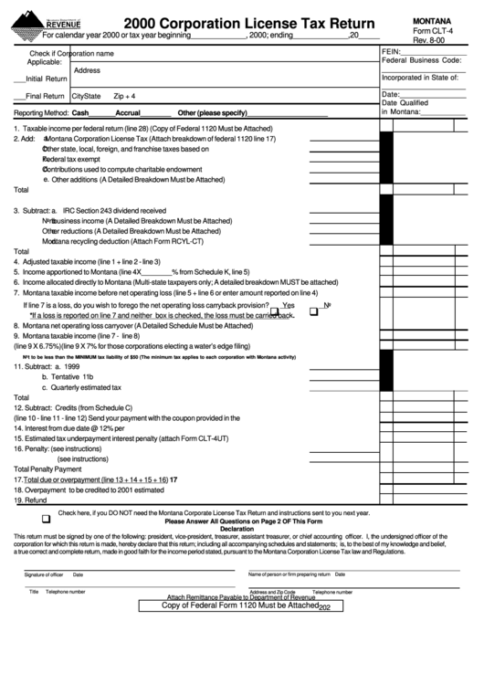 Form Clt-4 - 2000 Corporation License Tax Return printable pdf download