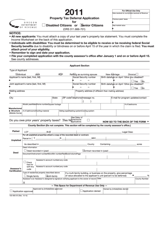 Fillable Form 150-490-015 - Property Tax Deferral Application For Disabled Citizens Or Senior Citizens - 2011 Printable pdf