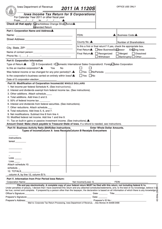 Form Ia 1120s - Iowa Income Tax Return For S Corporations - 2011 Printable pdf