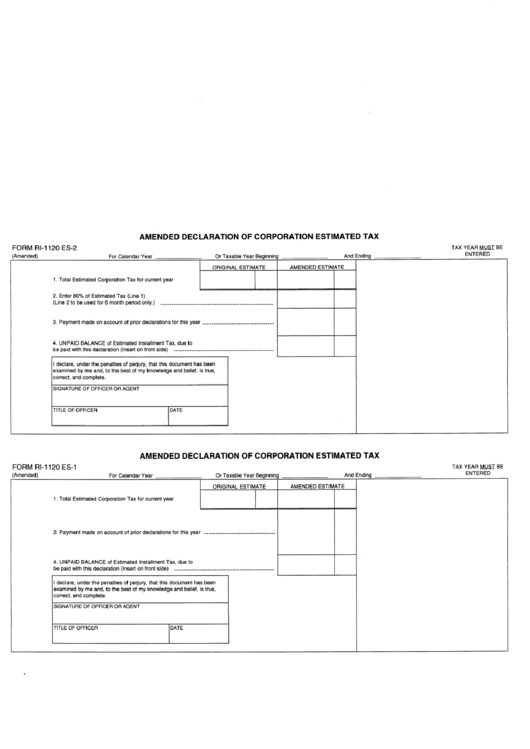 Form Ri-1120 Es-2 - Amended Declaration Of Corporation Estimated Tax Printable pdf