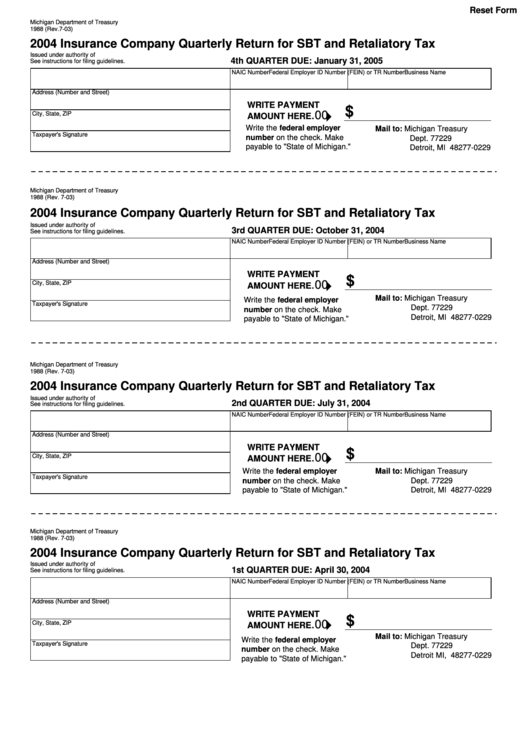 Fillable Form 1988 - Insurance Company Quarterly Return For Sbt And Retaliatory Tax - Michigan Department Of Treasury - 2004 Printable pdf