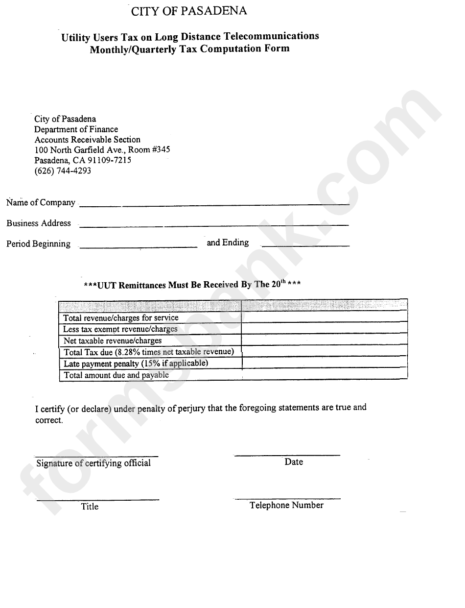 Utility Users Tax On Long Distance Telecommunication - Monthly/quarterly Tax Computation Form - City Of Pasadena