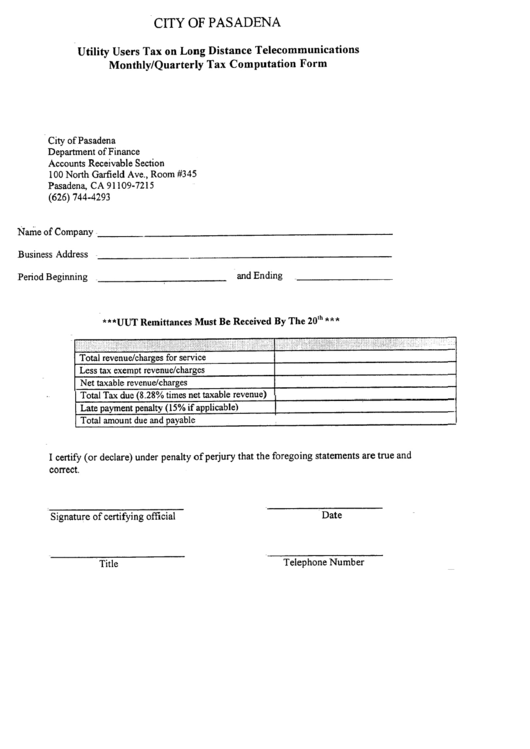 Utility Users Tax On Long Distance Telecommunication - Monthly/quarterly Tax Computation Form - City Of Pasadena Printable pdf