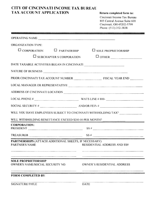 City Of Cincinnati Income Tax Bureau Tax Account Application Printable pdf