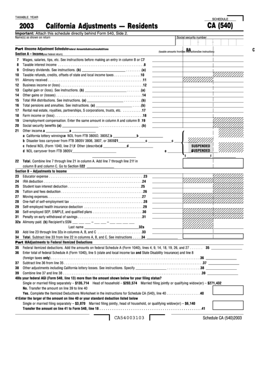 Schedule Ca (540) - California Adjustments Residents - 2003 Printable pdf