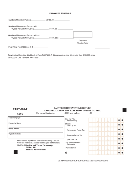 Form Part-200-T - Partnership Tentative Return And Application For Extension Of Time To File - 2003 Printable pdf