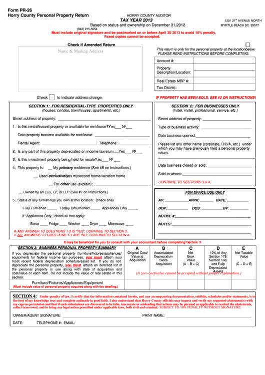 Form Pr-26 - Personal Property Return - 2013 Printable pdf
