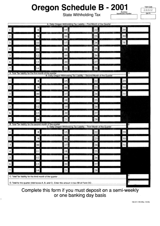 Oregon Schedule B - 2001 - State Withholding Tax Printable pdf
