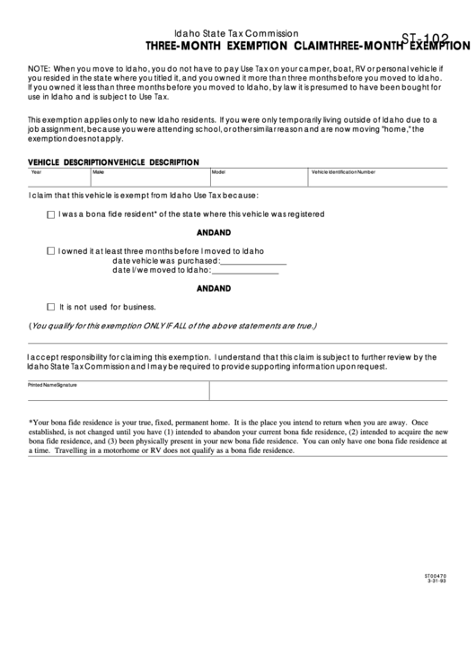Form St-102 - Three-Month Exemption Claim Printable pdf