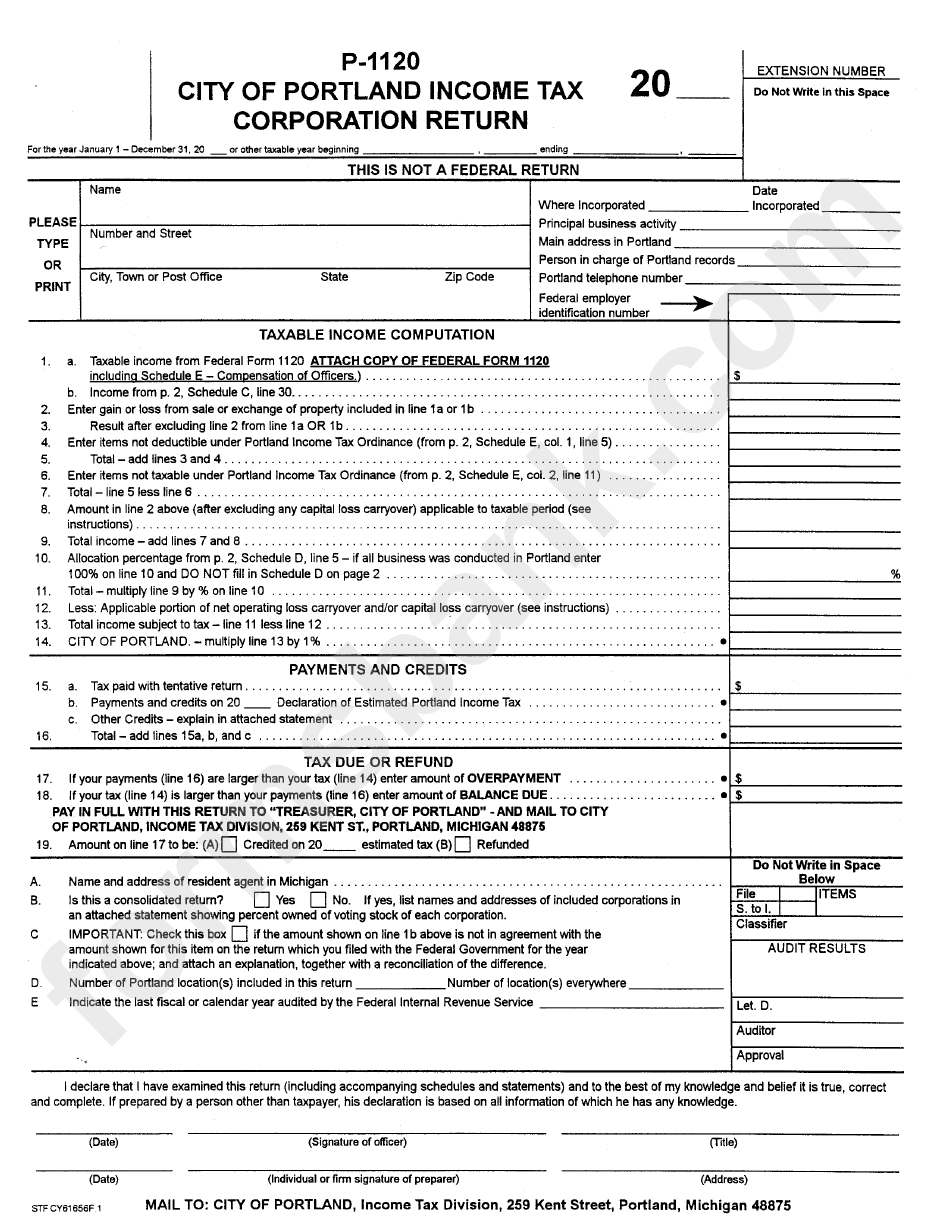 Form P-1120 - City Of Portland Income Tax Corporation Return - 2000