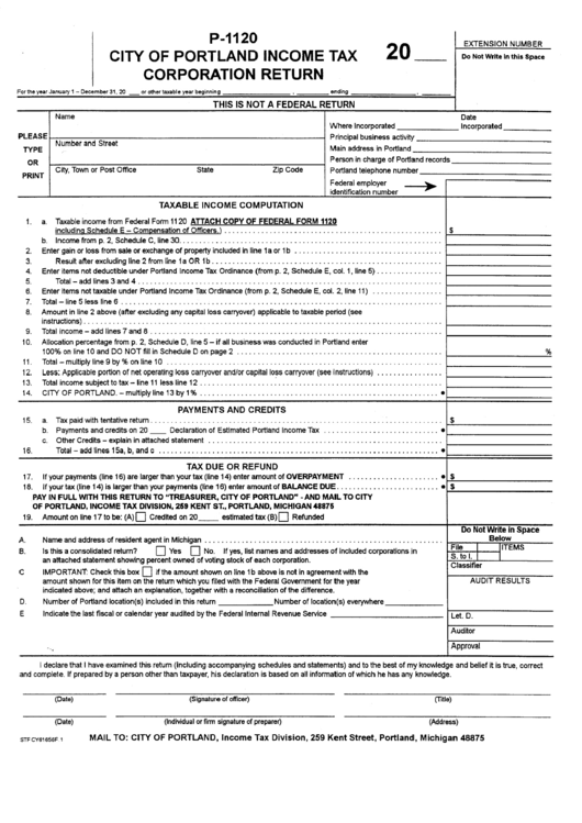 Form P-1120 - City Of Portland Income Tax Corporation Return - 2000 Printable pdf