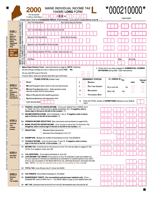 Form 1040me - Maine Individual Income Tax - Long Form - 2000 Printable pdf