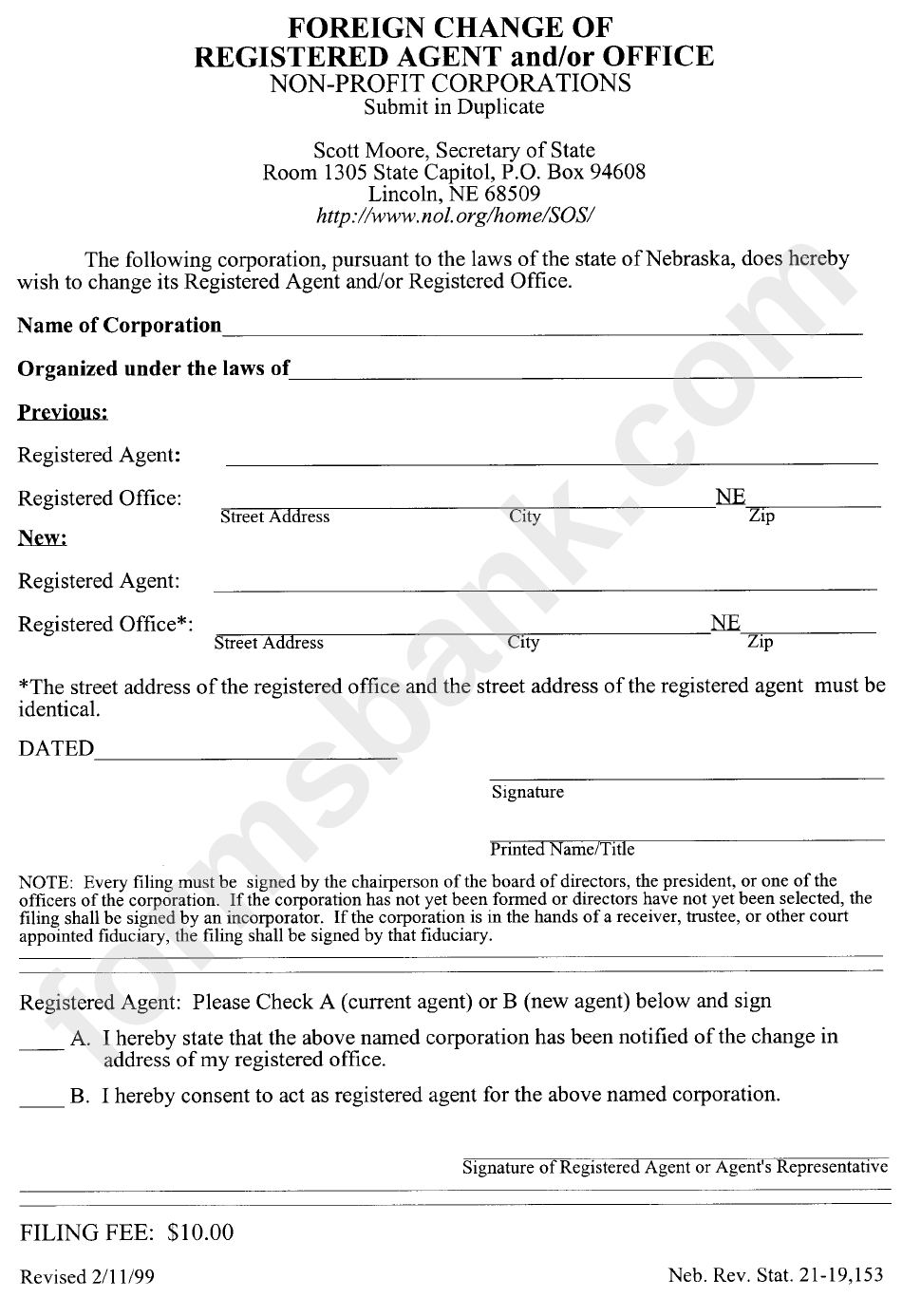 Foreign Change Of Registered Agent And/or Office Non-Profit Corporations - Secretary Of State Nebraska