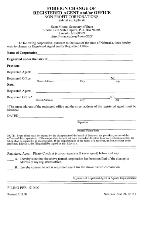 Foreign Change Of Registered Agent And/or Office Non-Profit Corporations - Secretary Of State Nebraska Printable pdf
