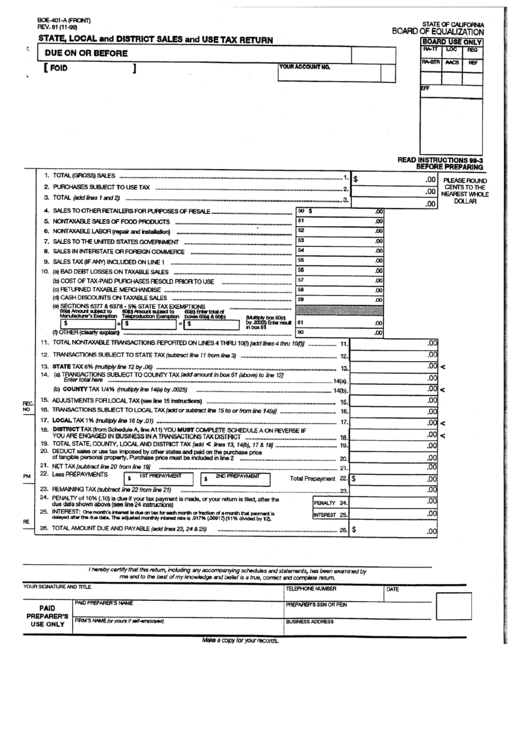 Form Boe-401-A - State, Local And District Sales And Use Tax Return Printable pdf