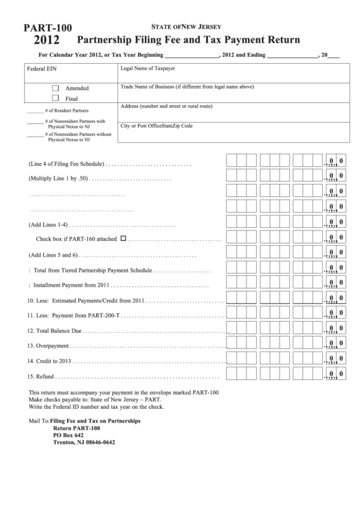 Fillable Form Part-100 - Partnership Filing Fee And Tax Payment Return - 2012 Printable pdf