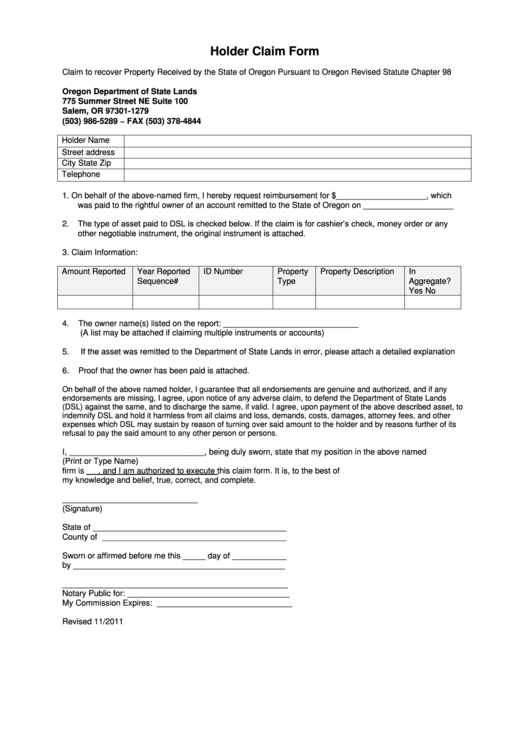 Holder Claim Form - Oregon Department Of State Lands Printable pdf